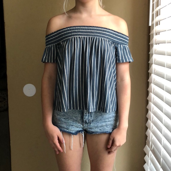 American Eagle Outfitters Tops - AE Striped Blue & White Off-the-Shoulder Top